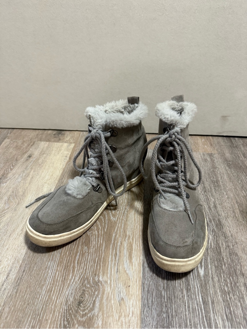Faux-Fur Trim Suede Lace-Up Hidden Wedge Sneaker Boots